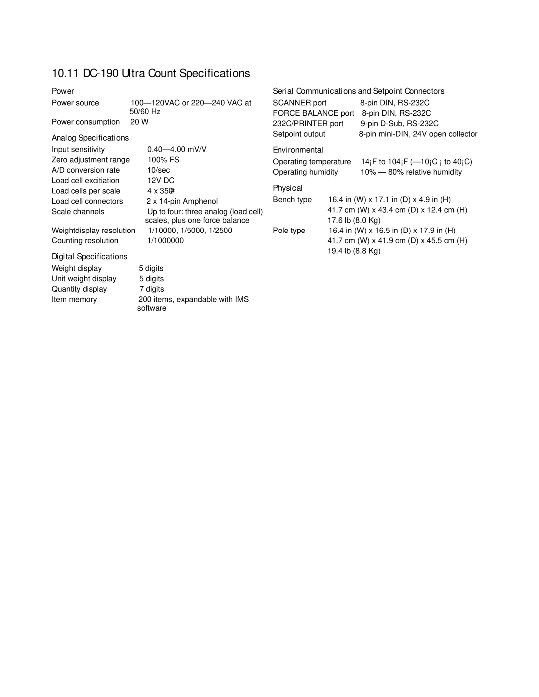 Digi installation manual 10.11 DC-190 Ultra Count Speciﬁcations 