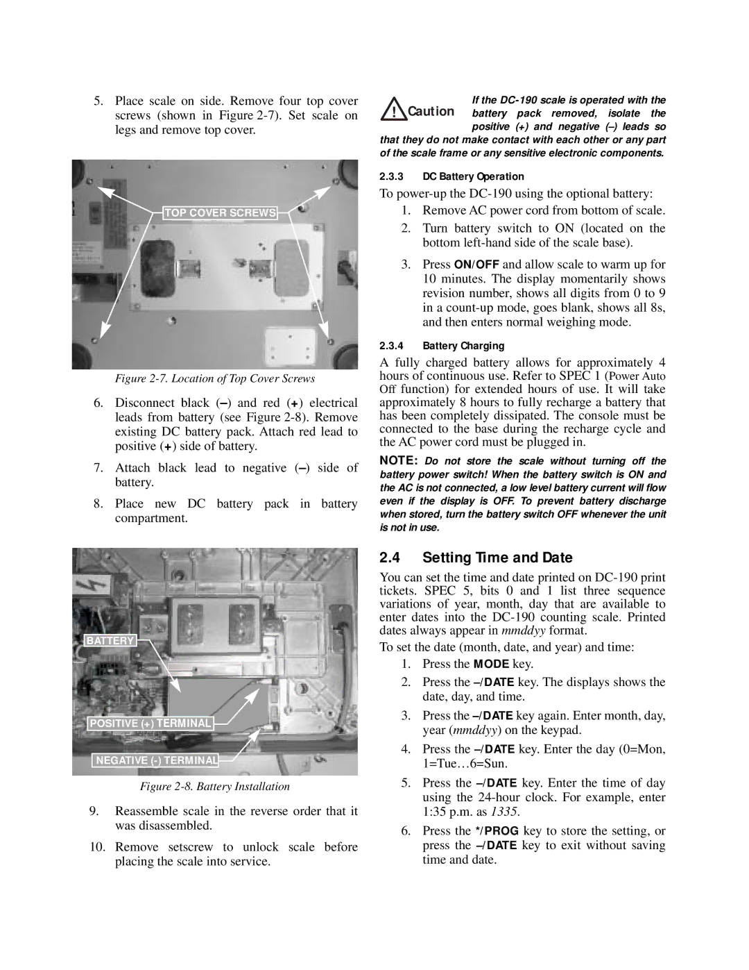 Digi DC-190 installation manual Setting Time and Date, Location of Top Cover Screws 