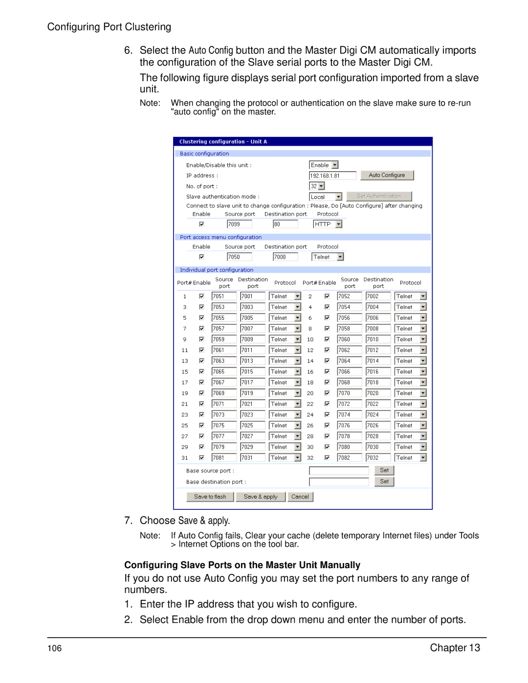 Digi Digi CM manual Configuring Slave Ports on the Master Unit Manually 