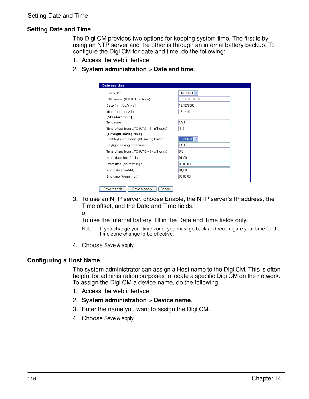 Digi Digi CM manual Setting Date and Time, System administration Date and time, Configuring a Host Name 