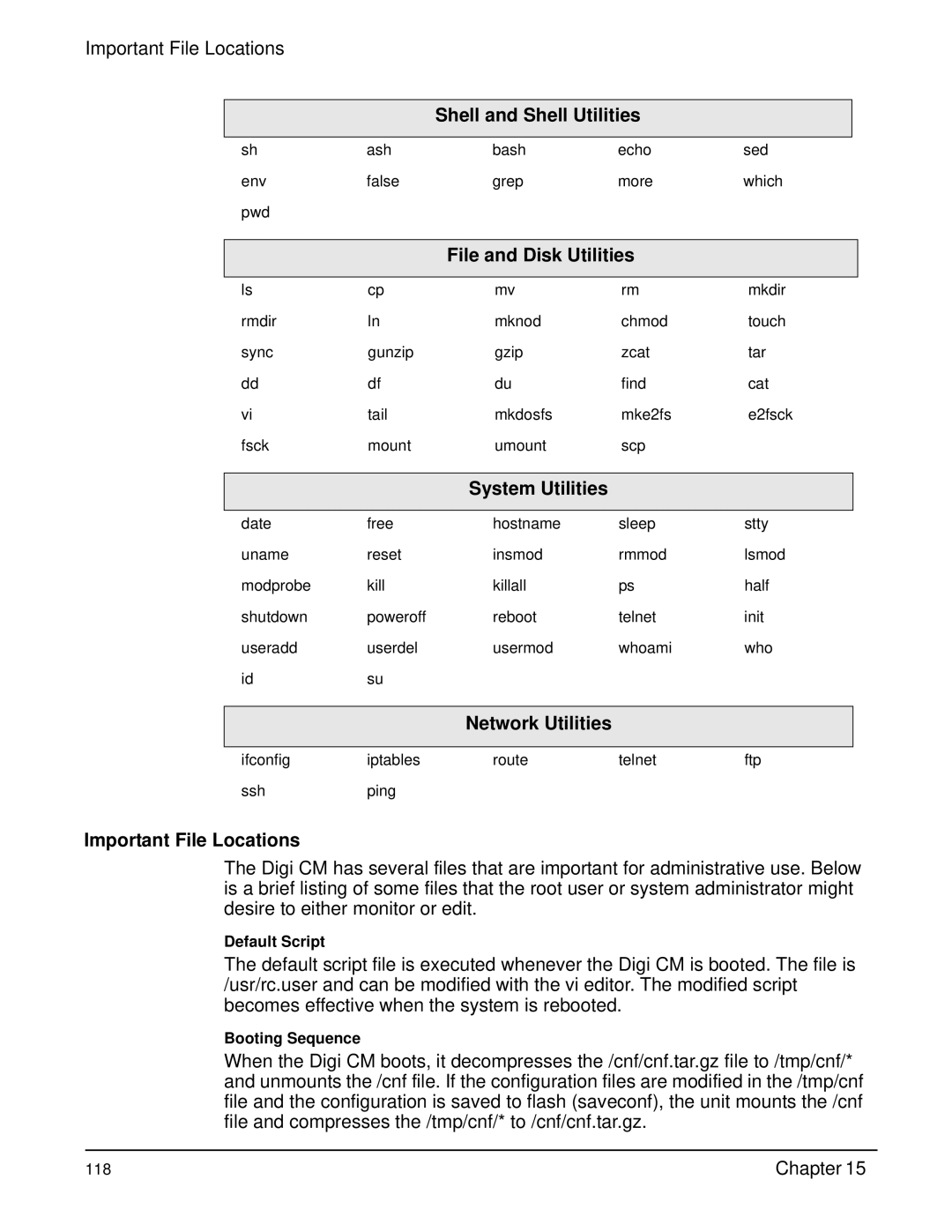 Digi Digi CM manual Shell and Shell Utilities, File and Disk Utilities, System Utilities, Network Utilities 