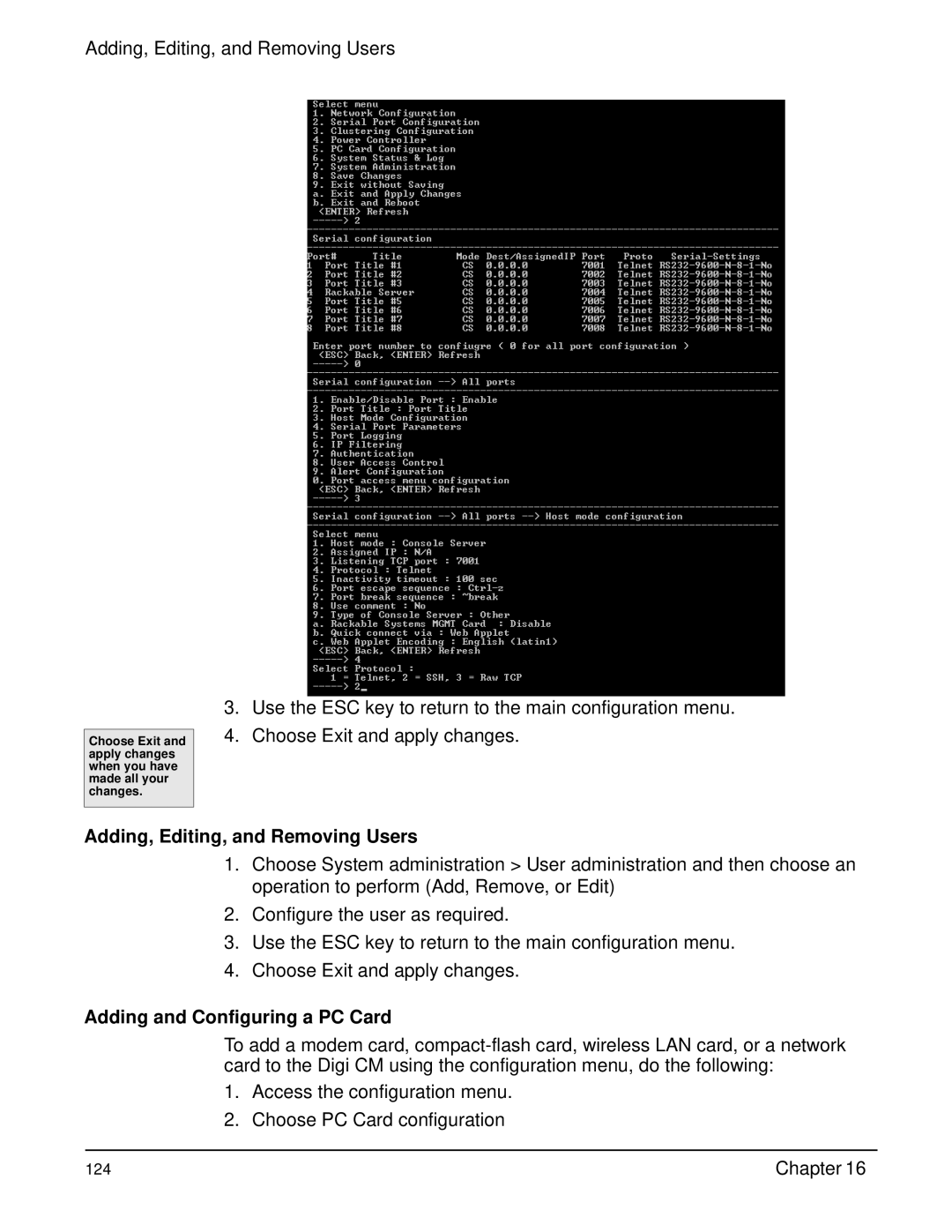 Digi Digi CM manual Adding, Editing, and Removing Users, Adding and Configuring a PC Card 