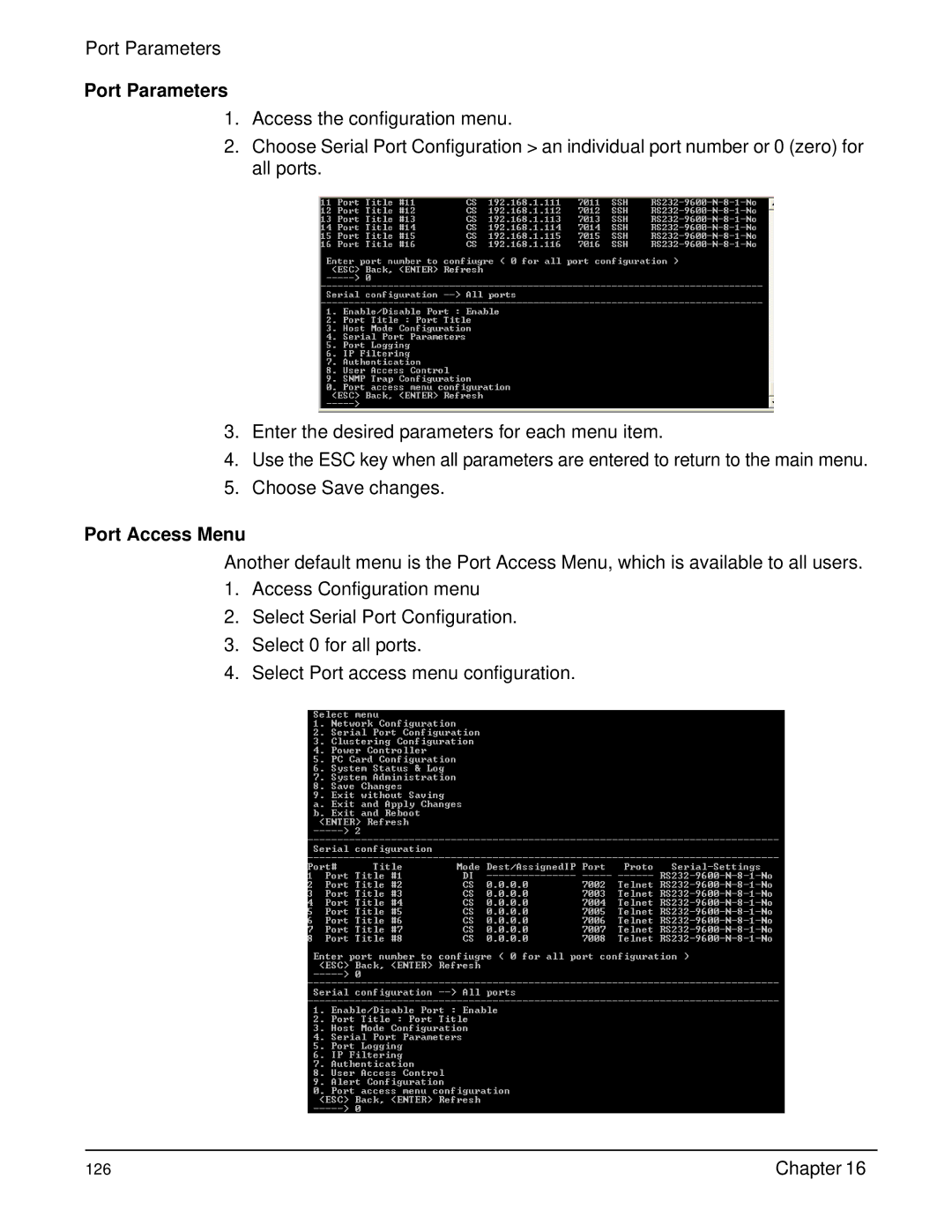 Digi Digi CM manual Port Parameters, Port Access Menu 