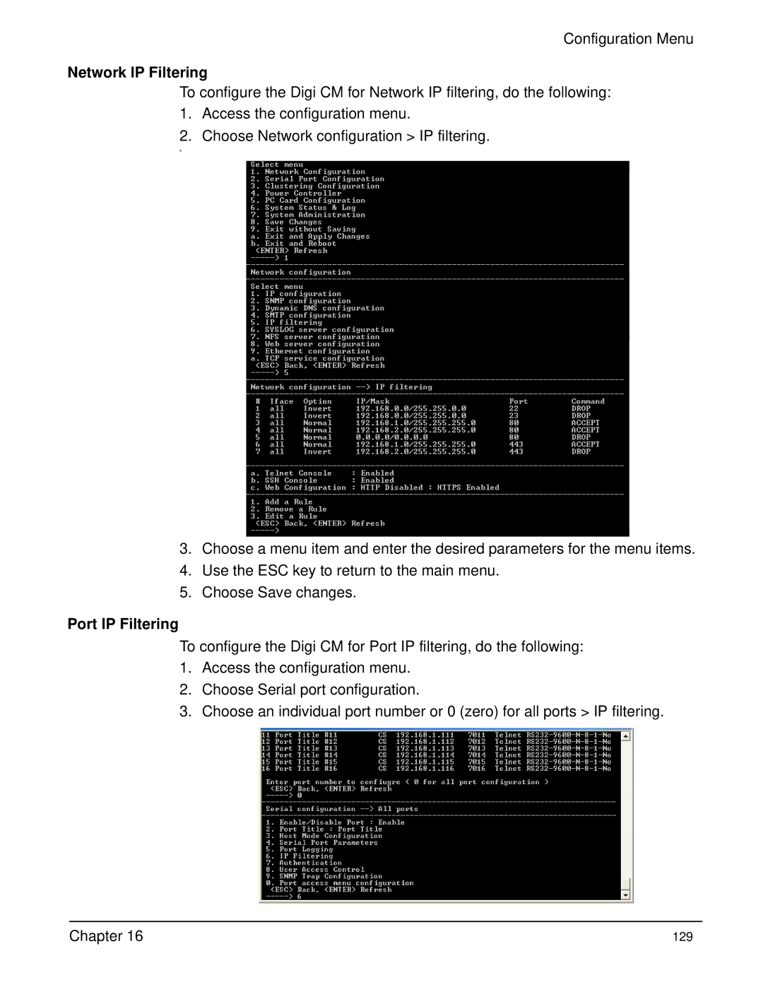 Digi Digi CM manual Network IP Filtering, Port IP Filtering 