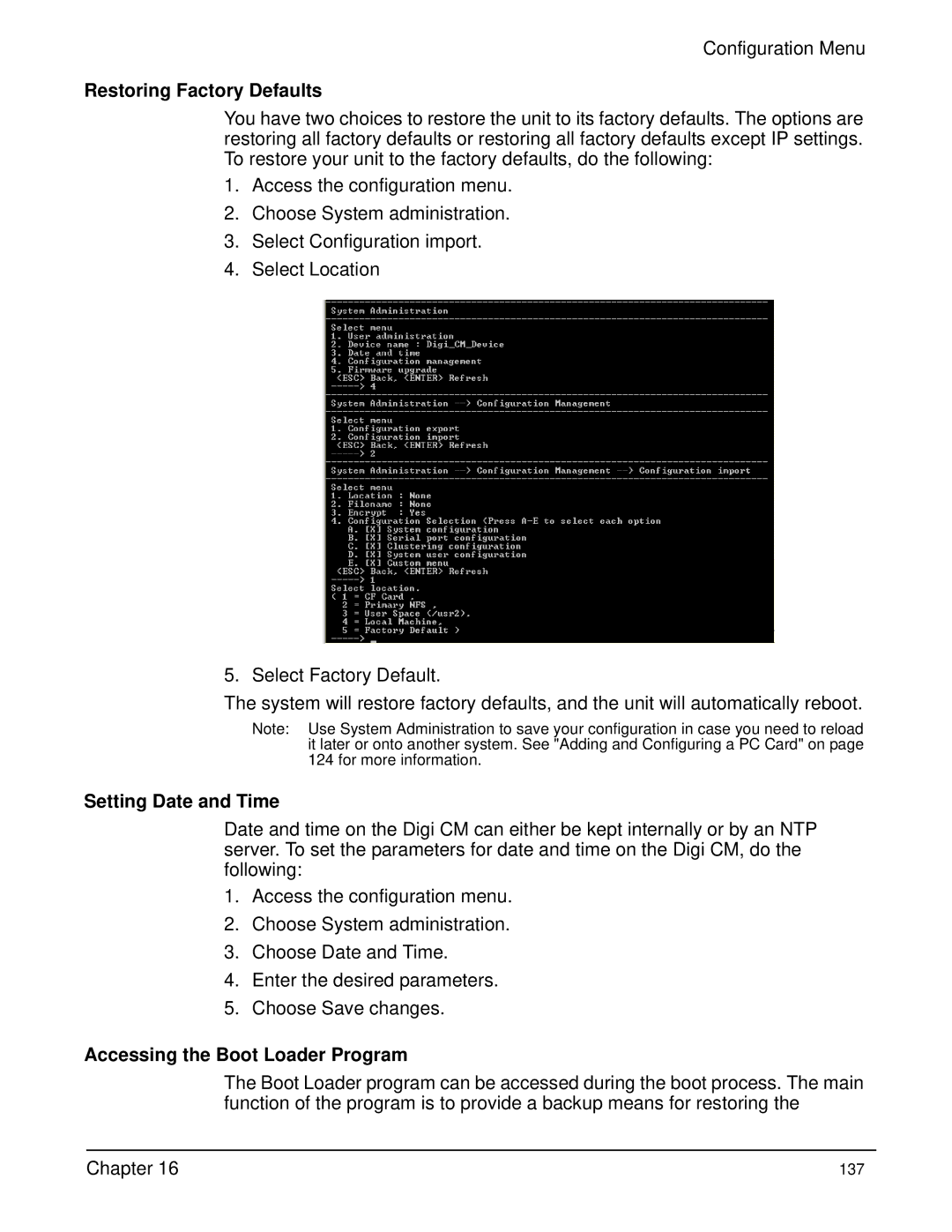 Digi Digi CM manual Restoring Factory Defaults, Accessing the Boot Loader Program 