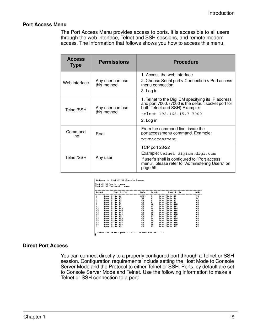 Digi Digi CM manual Port Access Menu, Access Permissions Procedure, Direct Port Access 