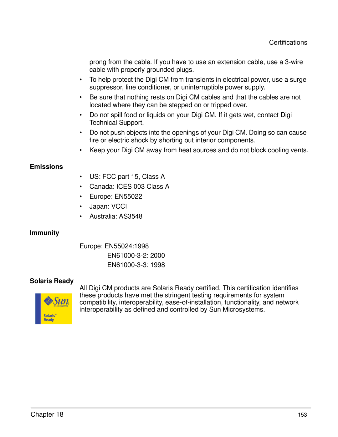 Digi Digi CM manual Emissions, Immunity, Solaris Ready 