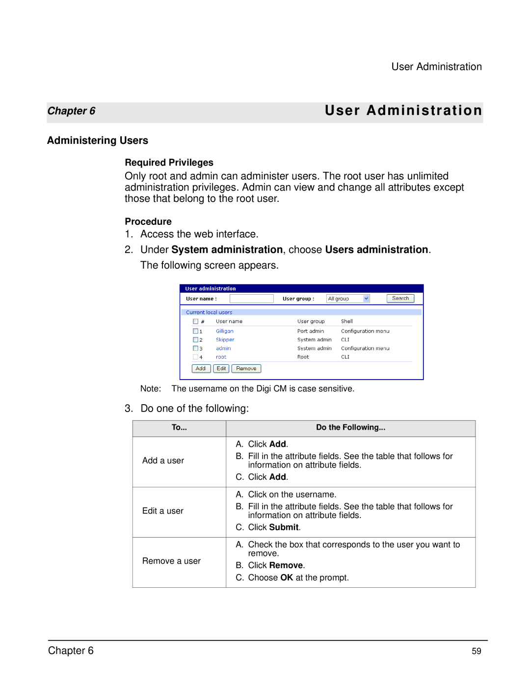 Digi Digi CM manual User Administration, Administering Users 