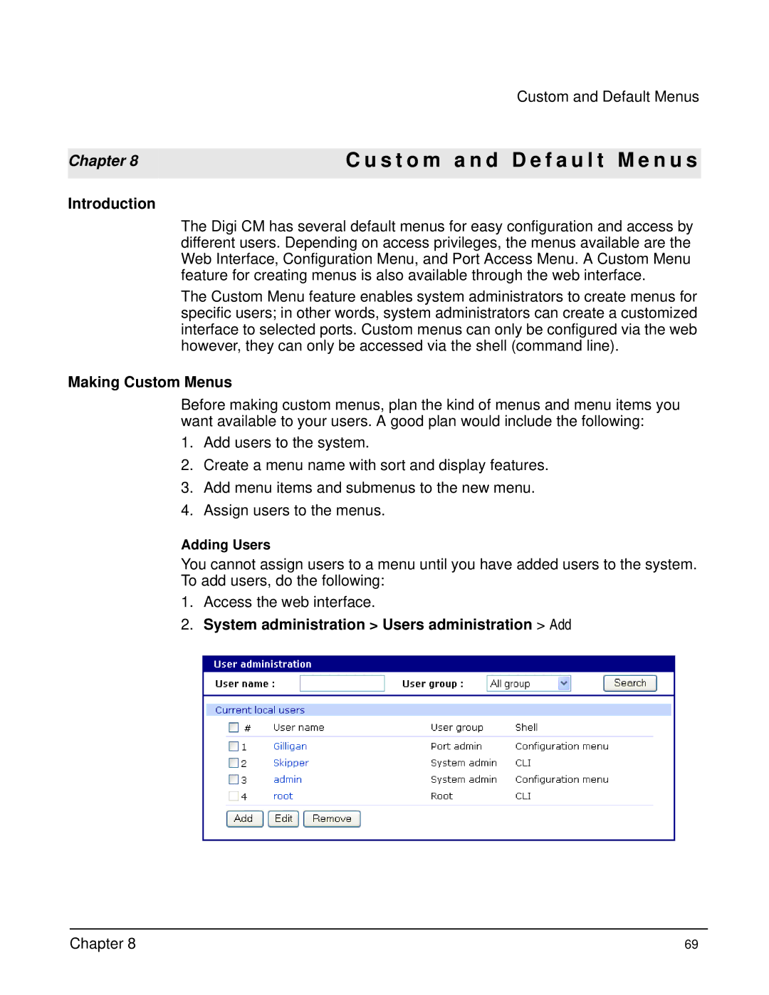 Digi Digi CM manual Making Custom Menus, System administration Users administration Add 