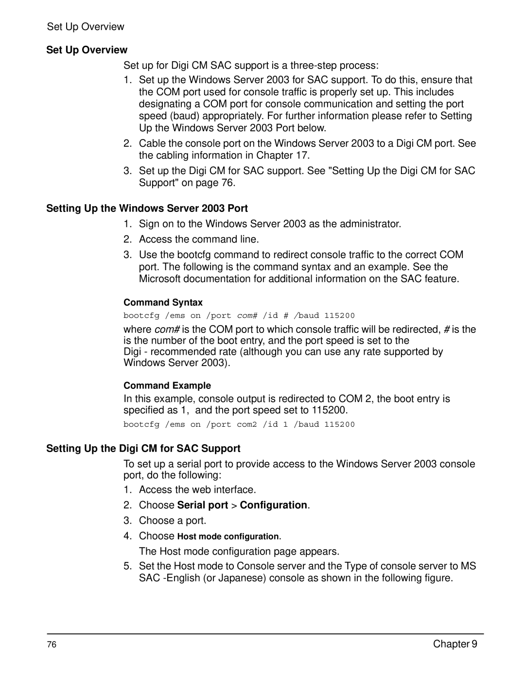 Digi manual Set Up Overview, Setting Up the Windows Server 2003 Port, Setting Up the Digi CM for SAC Support 