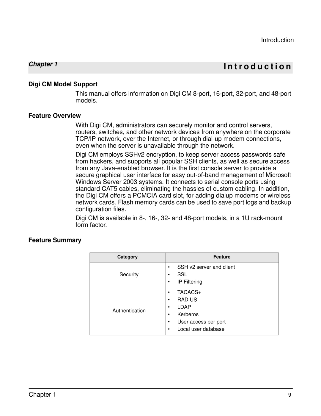 Digi manual T r o d u c t i o n, Digi CM Model Support, Feature Overview, Feature Summary 