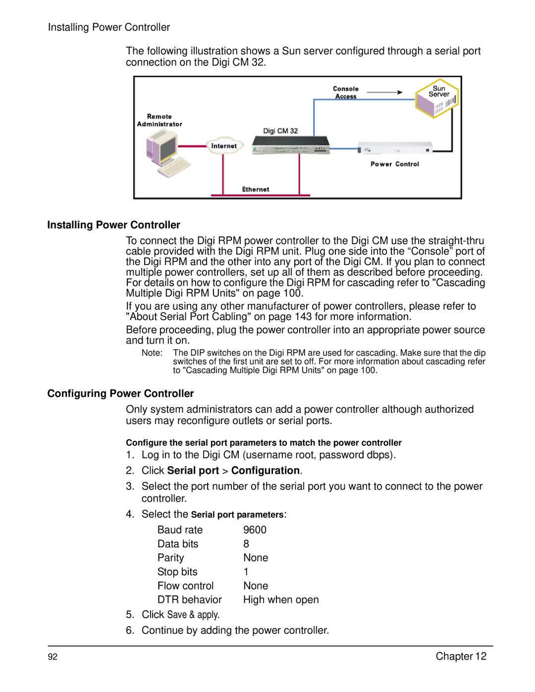 Digi Digi CM manual Installing Power Controller, Configuring Power Controller, Click Serial port Configuration 