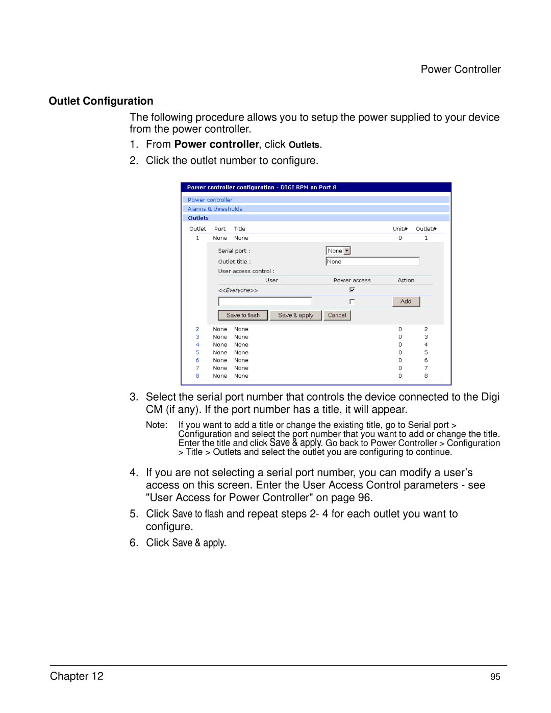 Digi Digi CM manual Outlet Configuration, From Power controller, click Outlets 