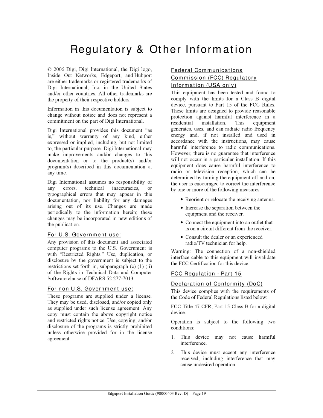 Digi Edgeport/8r, Edgeport/4, 412, 21 Regulatory & Other Information, For U.S. Government use, For non-U.S. Government use 