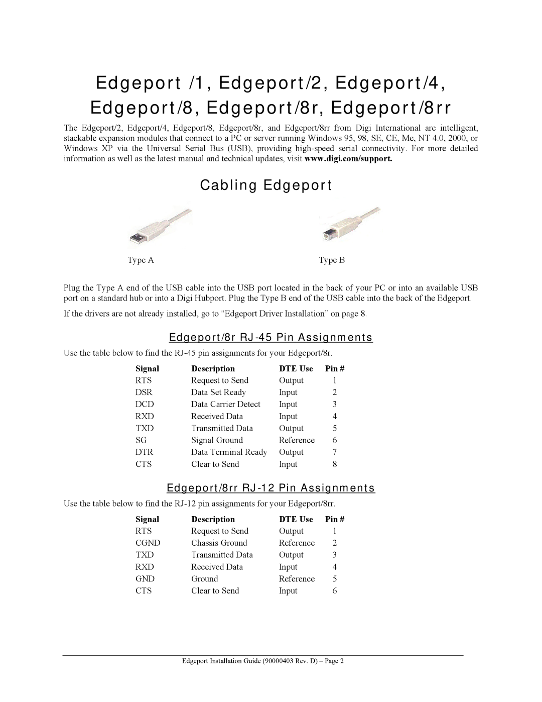 Digi Edgeport/1, Edgeport/4, 412, 21 Cabling Edgeport, Edgeport/8r RJ-45 Pin Assignments, Edgeport/8rr RJ-12 Pin Assignments 