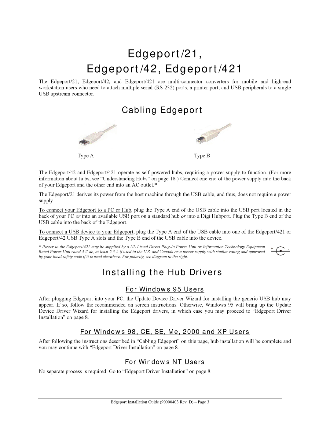 Digi 412 Edgeport/21 Edgeport/42, Edgeport/421, Installing the Hub Drivers, For Windows 95 Users, For Windows NT Users 