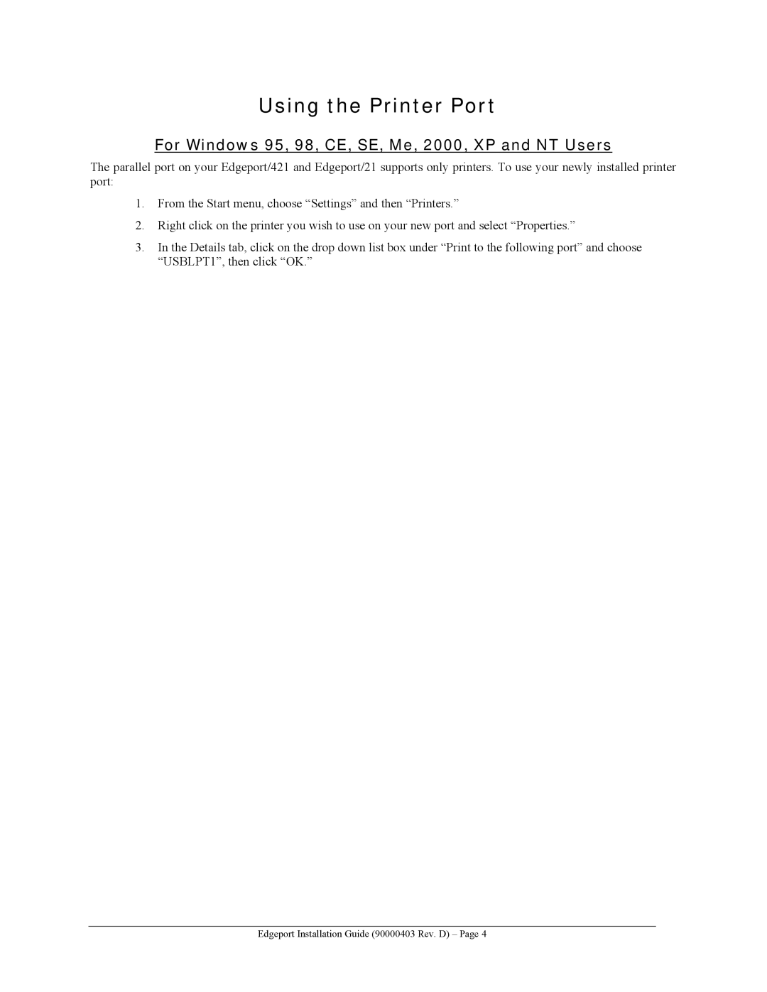 Digi Edgeport/416, Edgeport/8r, Edgeport/1 Using the Printer Port, For Windows 95, 98, CE, SE, Me, 2000, XP and NT Users 