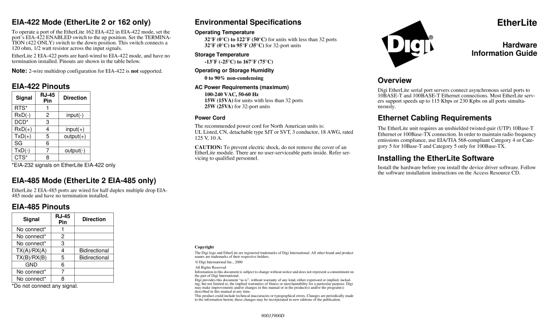 Digi specifications EIA-422 Mode EtherLite 2 or 162 only, EIA-422 Pinouts, EIA-485 Mode EtherLite 2 EIA-485 only 