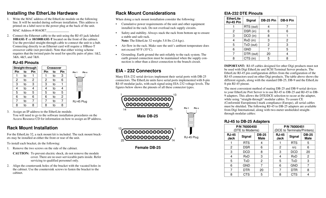 Digi EIA-422 Installing the EtherLite Hardware, Rack Mount Considerations, EIA 232 Connectors, Rack Mount Installation 