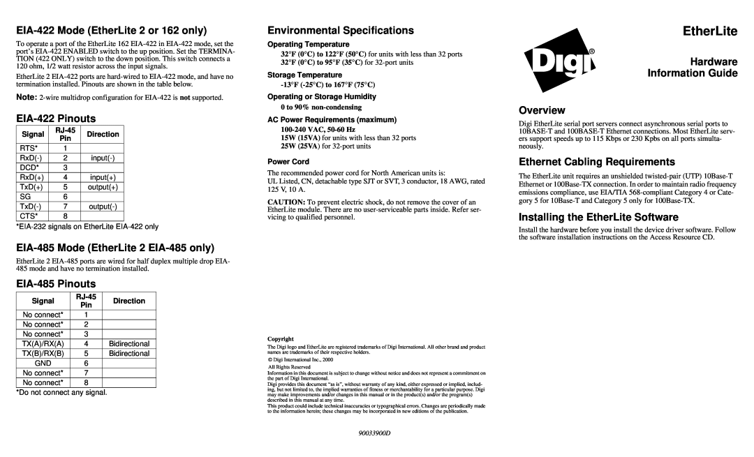 Digi specifications EIA-422 Mode EtherLite 2 or 162 only, EIA-422 Pinouts, EIA-485 Mode EtherLite 2 EIA-485 only 