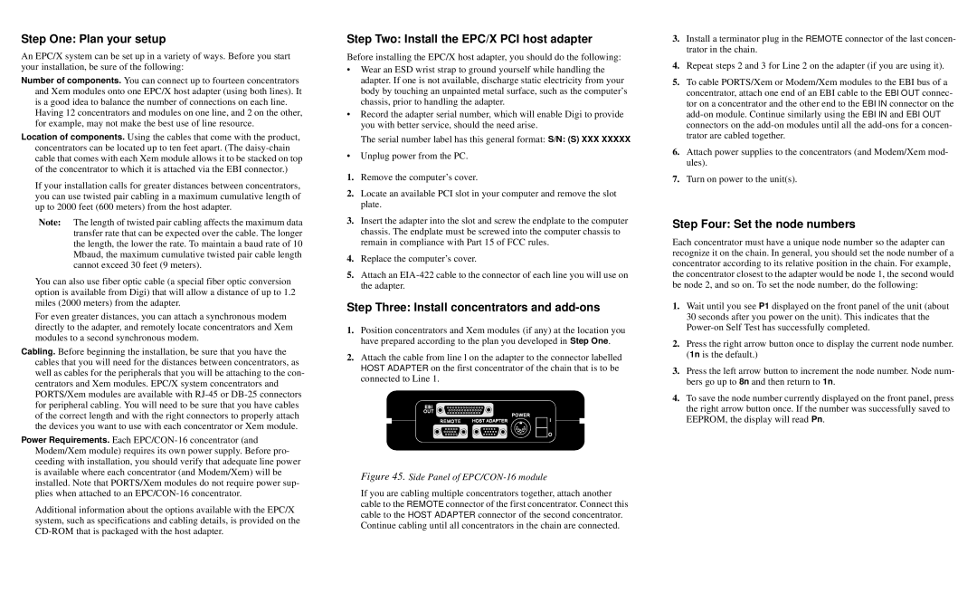 Digi EPC/CON-16 Step One Plan your setup, Step Two Install the EPC/X PCI host adapter, Step Four Set the node numbers 