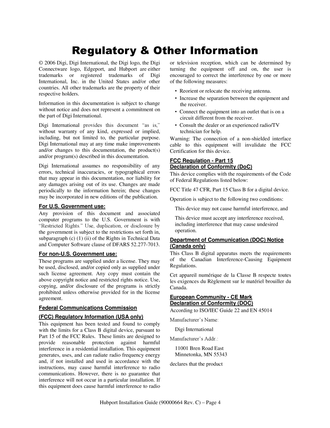 Digi Hubport/7c DC, Hubport/4c DC manual Regulatory & Other Information 