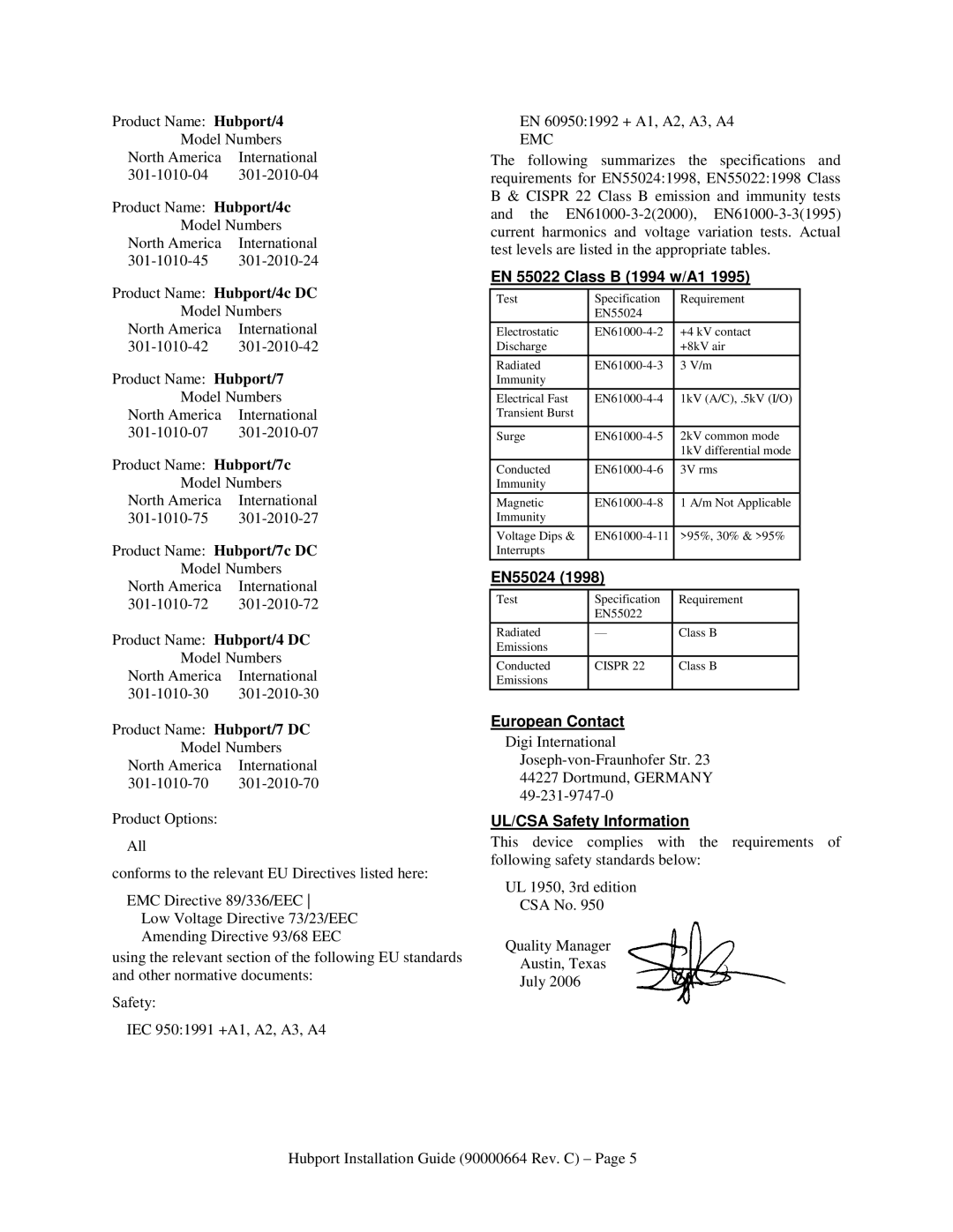 Digi Hubport/7c DC, Hubport/4c manual EN 55022 Class B 1994 w/A1, EN55024, European Contact, UL/CSA Safety Information 