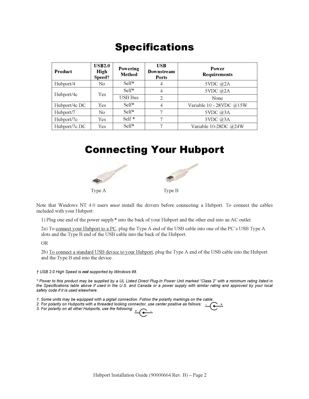 Digi Hubport/7c DC, Hubport/4c DC manual Specifications, Connecting Your Hubport 