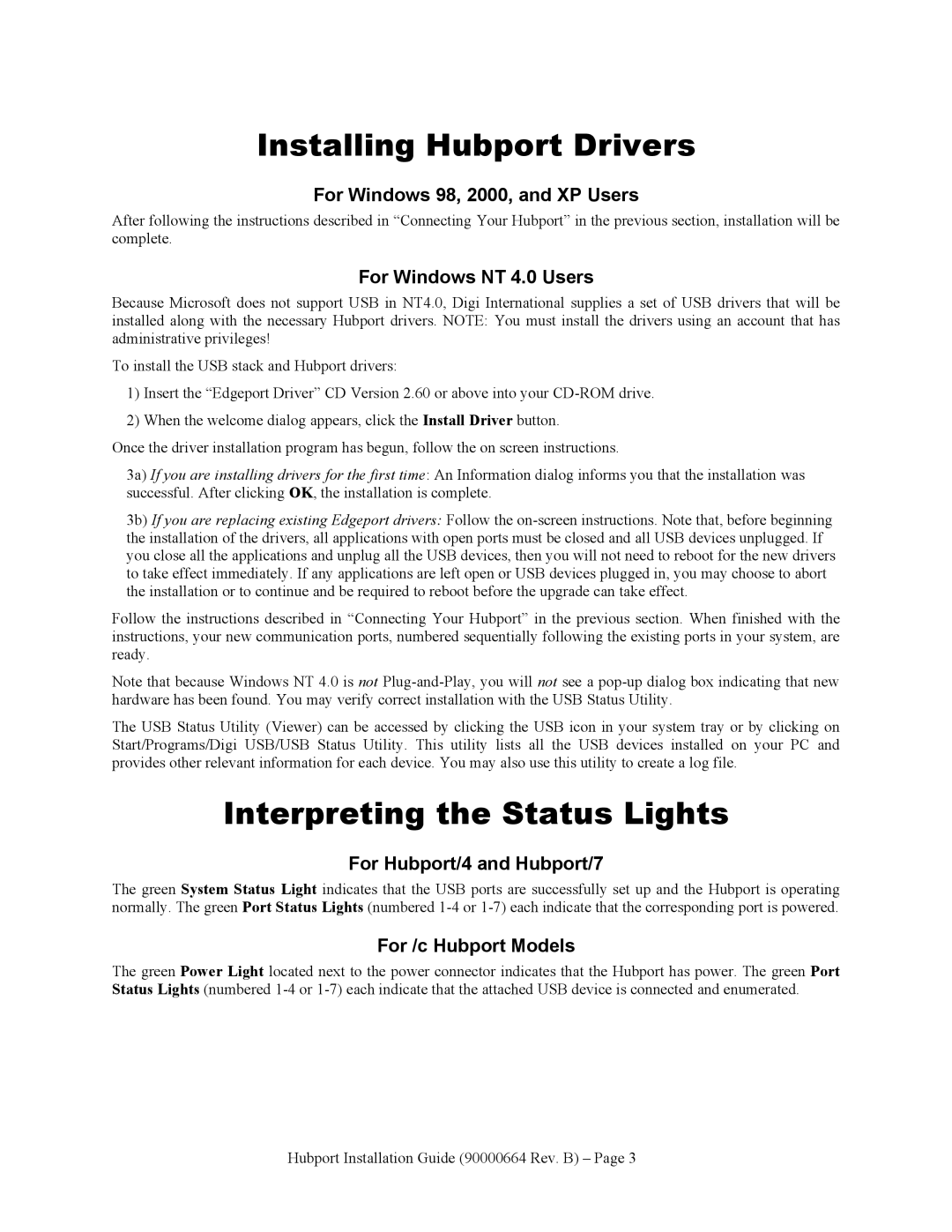 Digi Hubport/4c DC, Hubport/7c DC manual Installing Hubport Drivers, Interpreting the Status Lights 