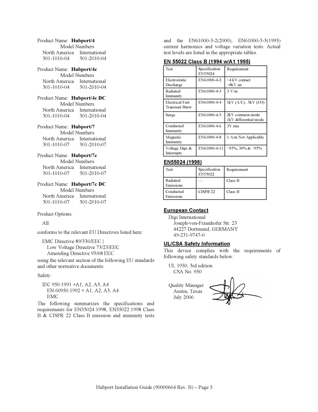 Digi Hubport/7c DC, Hubport/4c manual EN 55022 Class B 1994 w/A1, EN55024, European Contact, UL/CSA Safety Information 