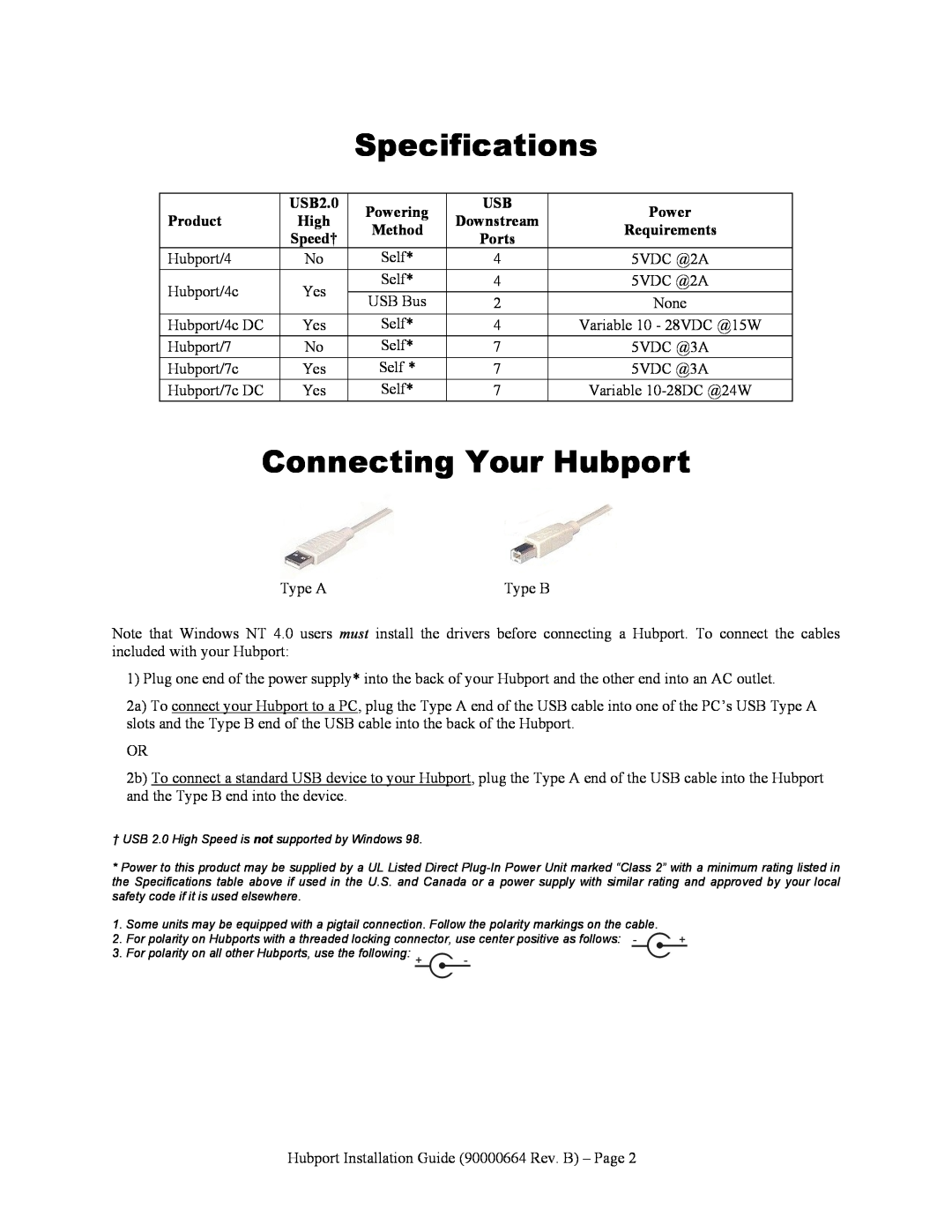 Digi Hubport/4c Specifications, Connecting Your Hubport, USB2.0, Powering, Product, High, Downstream, Method, Requirements 