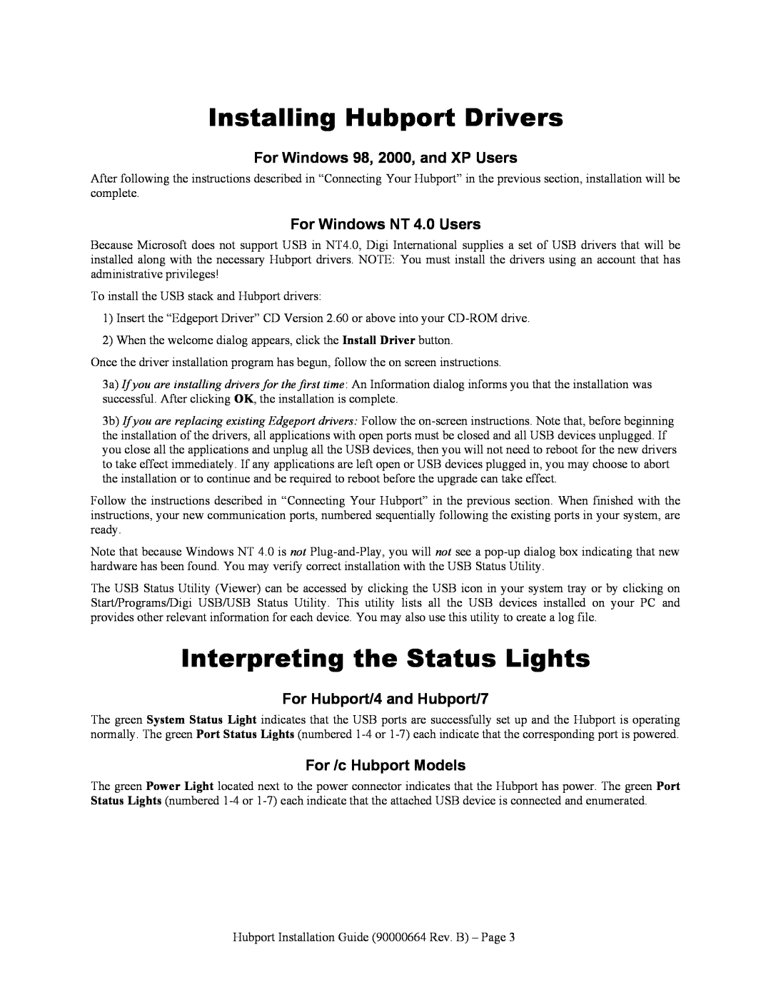 Digi Hubport/4c DC manual Installing Hubport Drivers, Interpreting the Status Lights, For Windows 98, 2000, and XP Users 