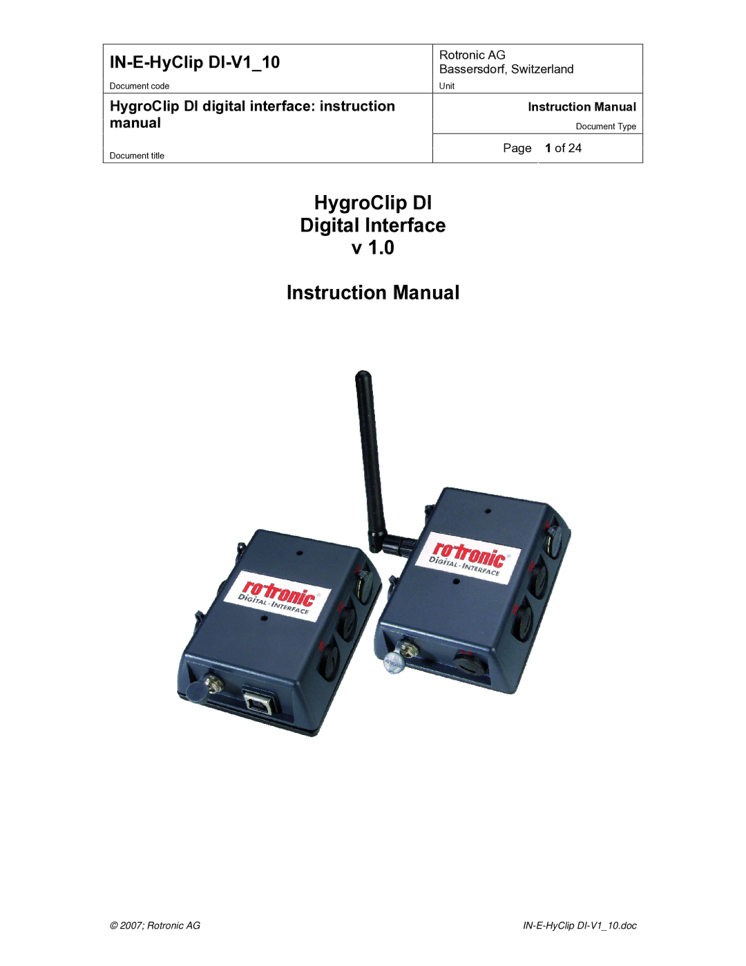 Digi HygroClip DI digital interface instruction manual HygroClip DI Digital Interface, IN-E-HyClip DI-V110 