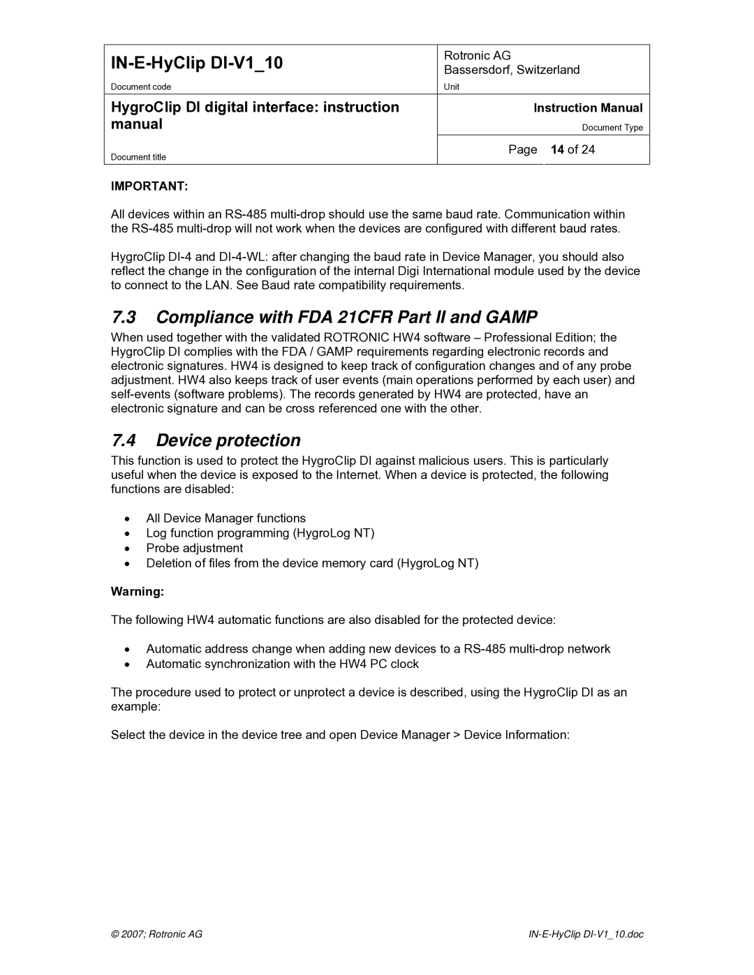 Digi HygroClip DI digital interface instruction manual Compliance with FDA 21CFR Part II and Gamp 