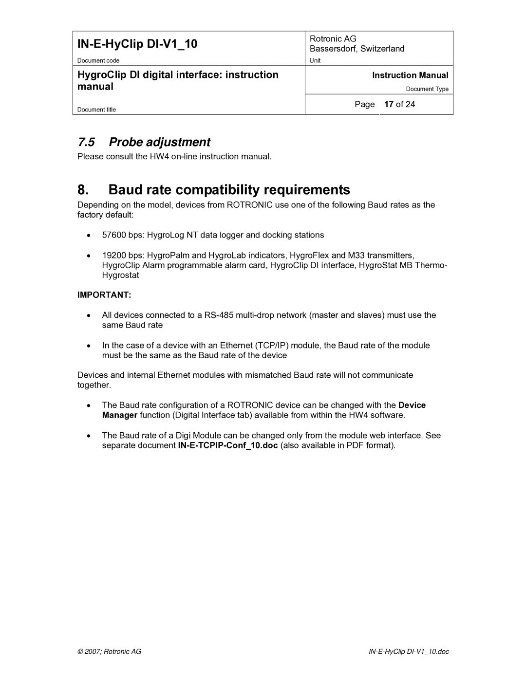 Digi HygroClip DI digital interface instruction manual Baud rate compatibility requirements 