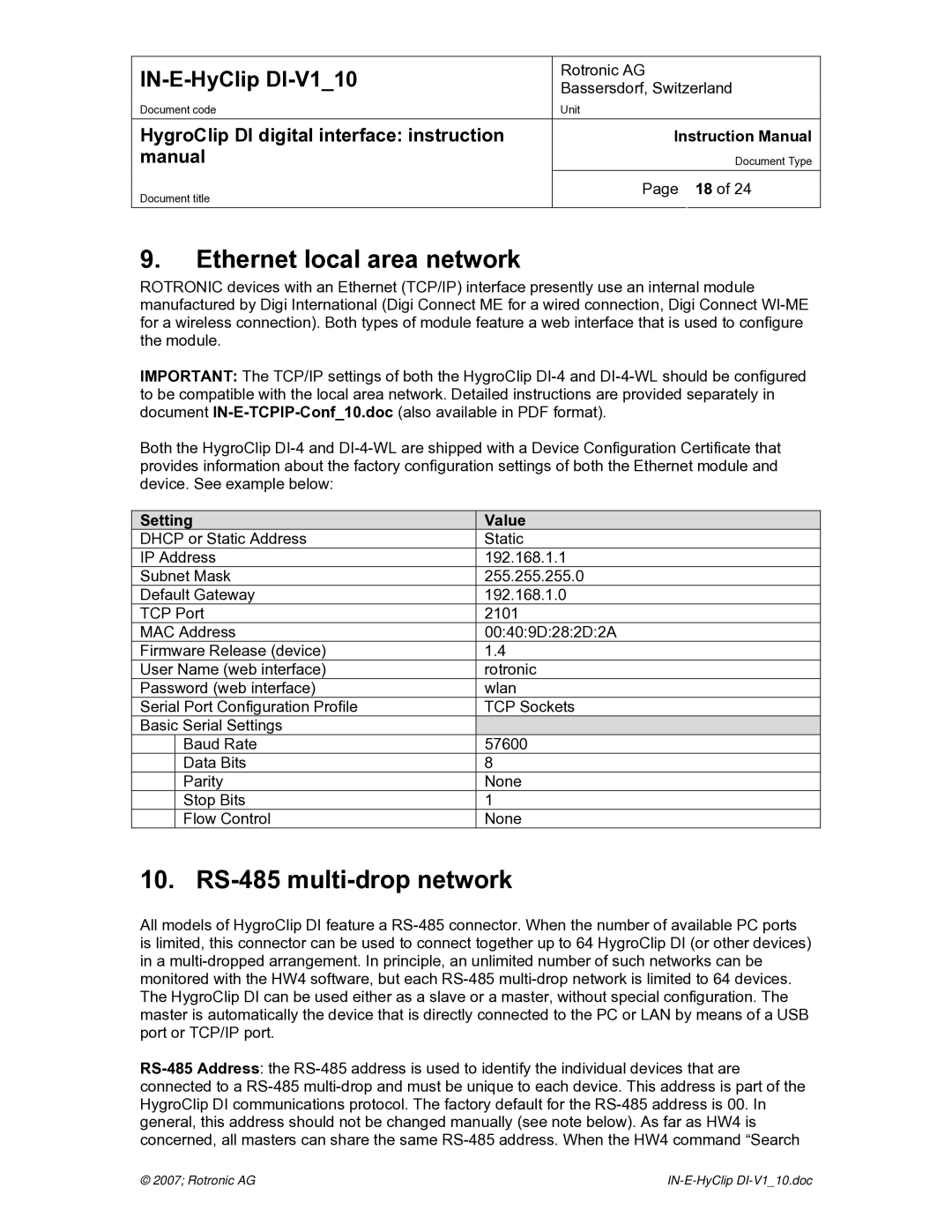 Digi HygroClip DI digital interface instruction manual Ethernet local area network, RS-485 multi-drop network 