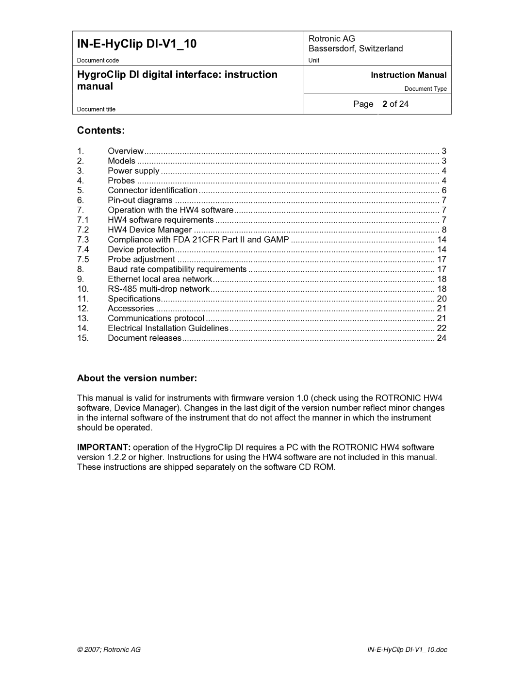 Digi HygroClip DI digital interface instruction manual Contents 