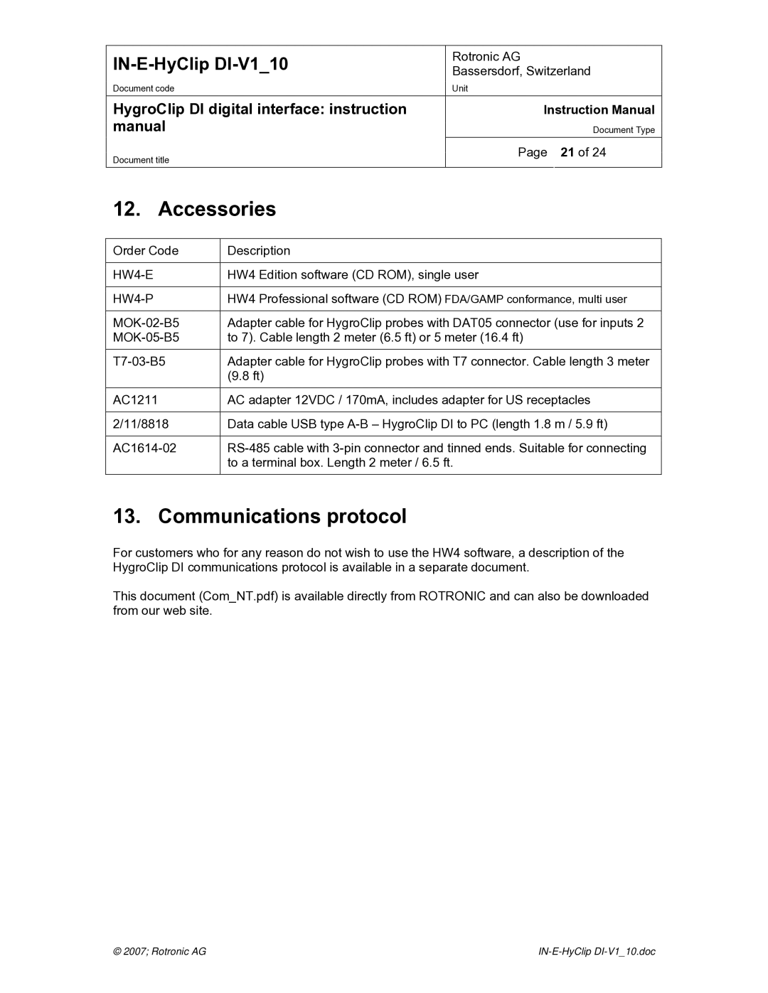 Digi HygroClip DI digital interface instruction manual Accessories, Communications protocol 