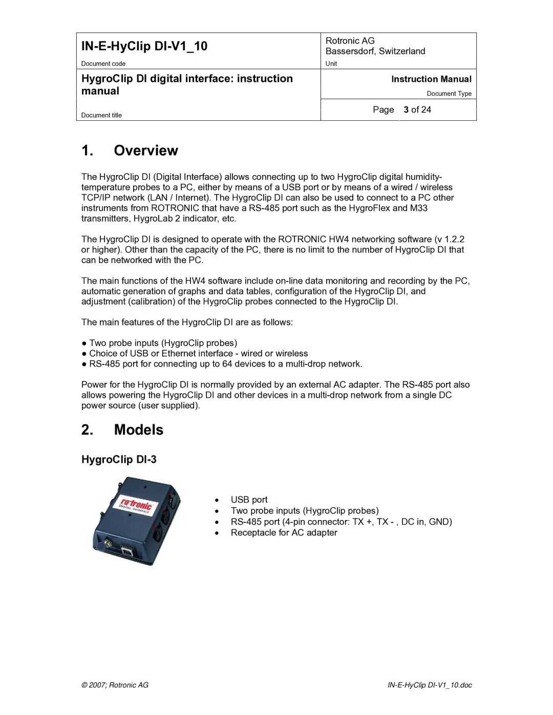 Digi HygroClip DI digital interface instruction manual Overview, Models, HygroClip DI-3 