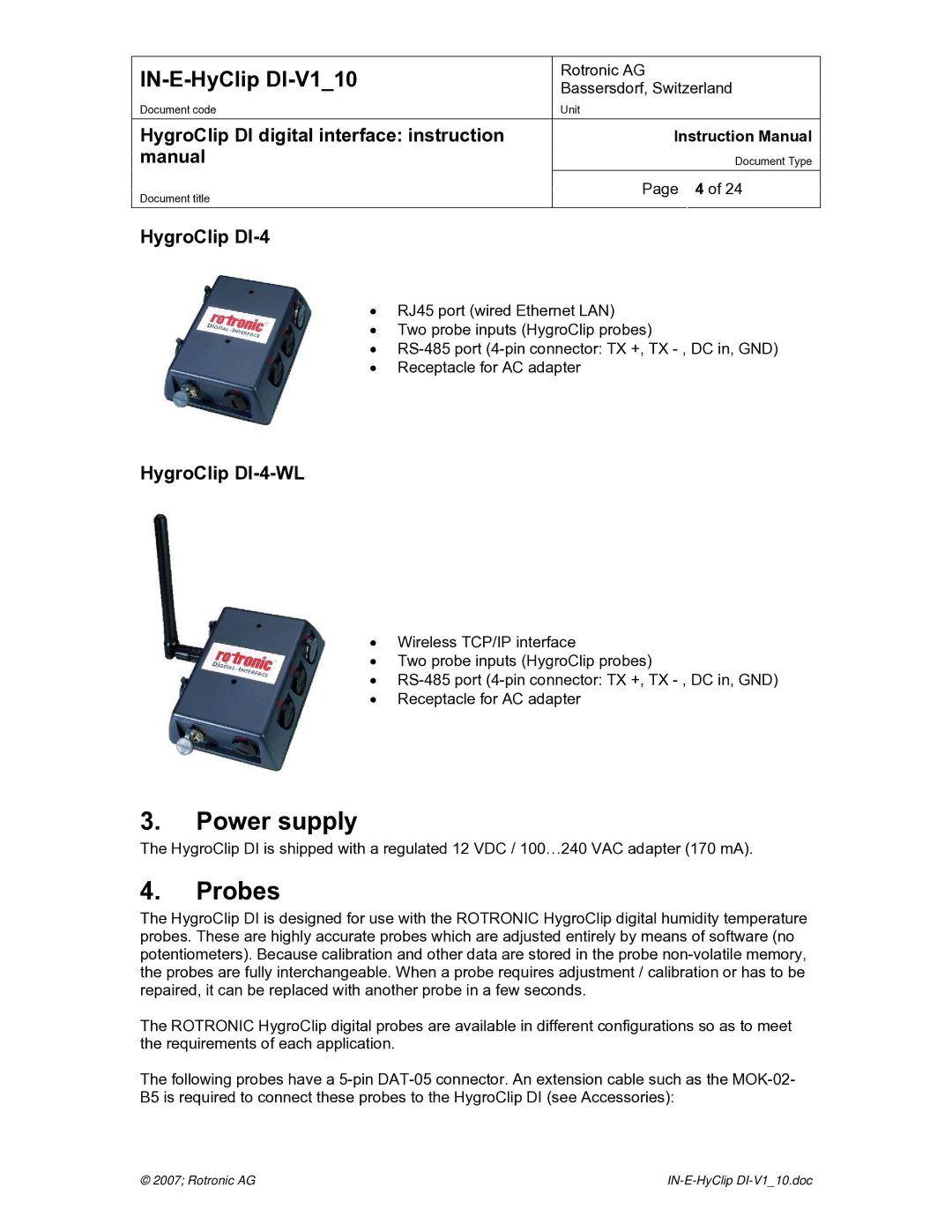 Digi HygroClip DI digital interface instruction manual Power supply, Probes, HygroClip DI-4-WL 