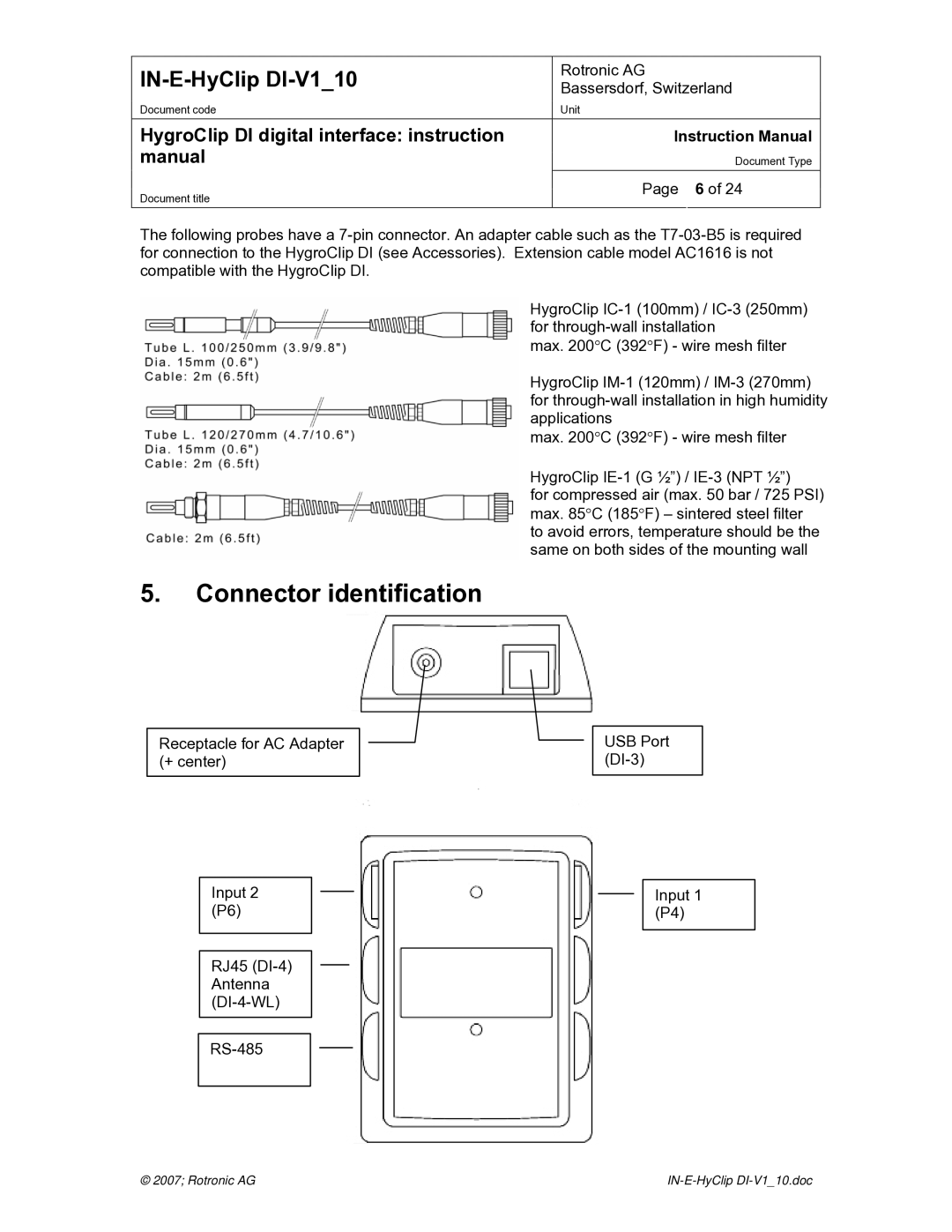 Digi HygroClip DI digital interface instruction manual Connector identification 