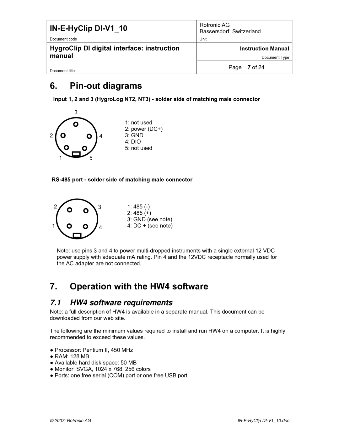 Digi HygroClip DI digital interface instruction manual Pin-out diagrams, Operation with the HW4 software 