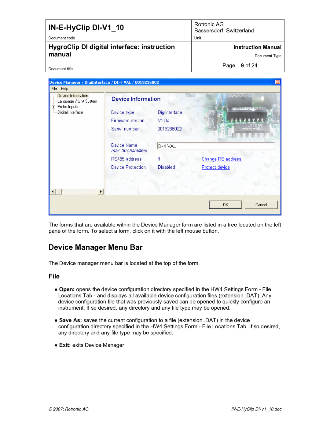 Digi HygroClip DI digital interface instruction manual Device Manager Menu Bar, File 