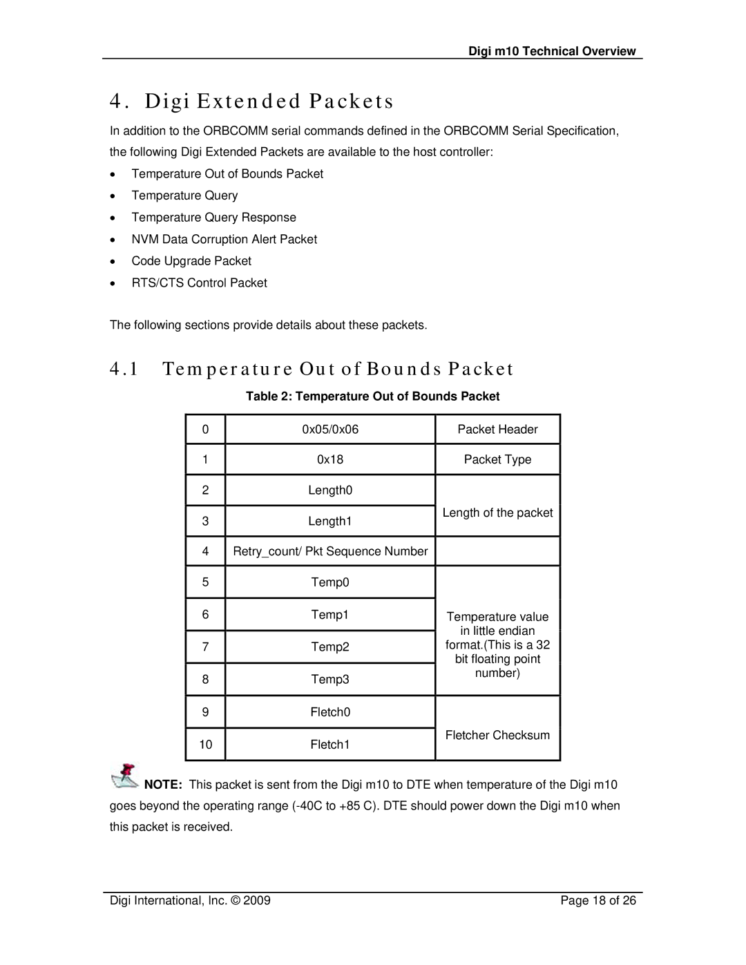 Digi M10 manual Digi Extended Packets, Temperature Out of Bounds Packet 