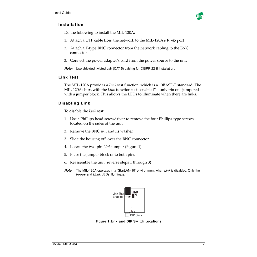 Digi MIL-120A manual Installation, Link Test, Disabling Link 