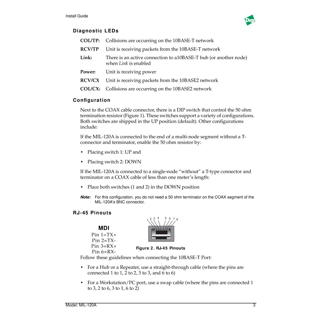 Digi MIL-120A manual Diagnostic LEDs, Conﬁguration, RJ 45 Pinouts 