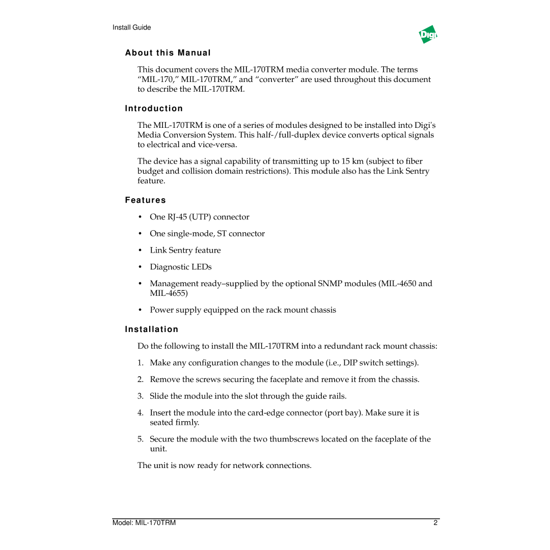 Digi MIL-170TRM specifications About this Manual, Introduction, Features, Installation 