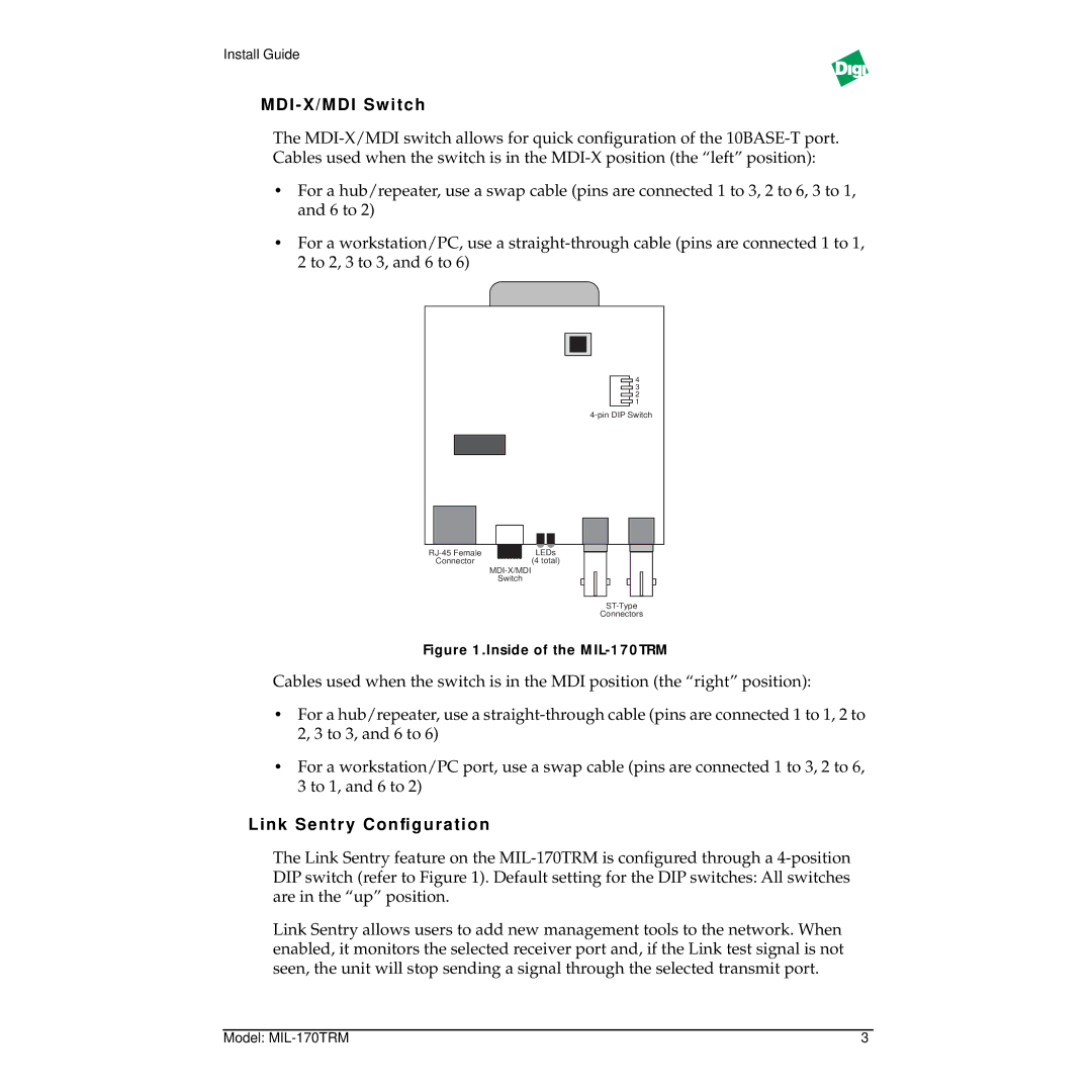 Digi MIL-170TRM specifications MDI X/MDI Switch, Link Sentr y Conﬁguration 