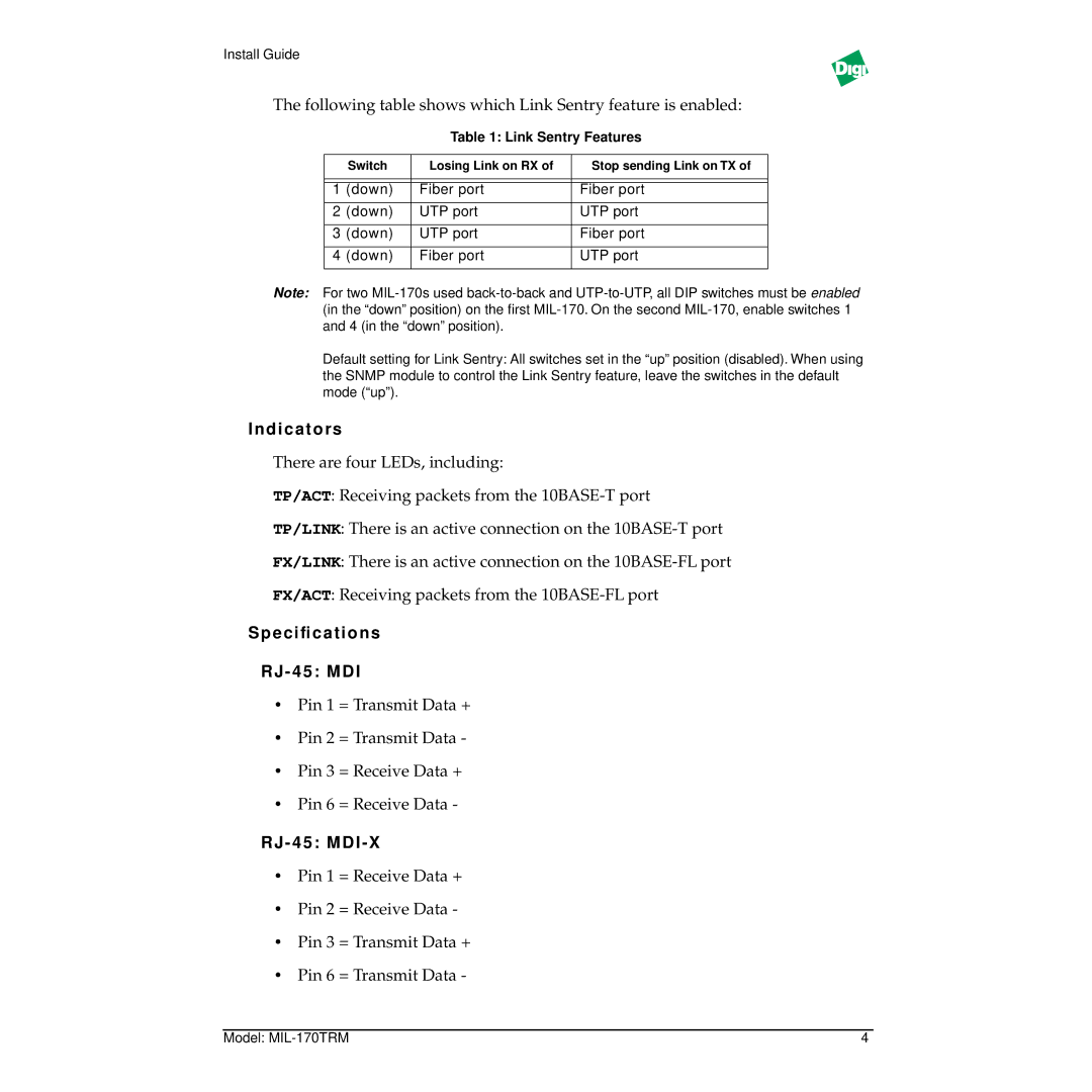 Digi MIL-170TRM specifications Indicators, Speciﬁcations RJ 45 MDI 