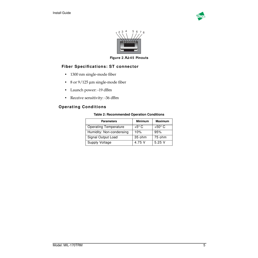 Digi MIL-170TRM specifications Fiber Speciﬁcations ST connector, Operating Conditions 